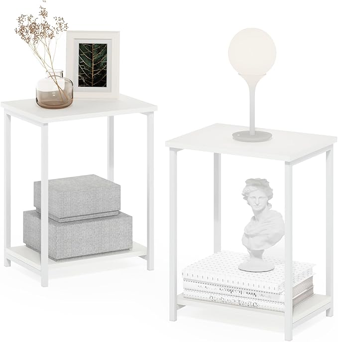 Furinno Simplistic Side Table Set of 2, 2-Tier Metal Frame Modern End Table with Open Shelf, Night Stand, Bedside Table, for Living Room, Bedroom, White