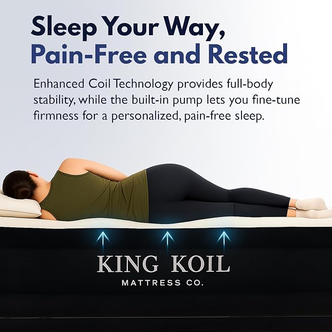 King Koil Premium California King Air Mattress with Built-in High-Speed Patented Pump for Home, Camping & Guests- 16in Inflatable Double High Airbed Blow Up Bed, Waterproof, 1 Year Warranty