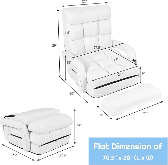 COSTWAY Adjustable Floor Chair, Folding Lazy Sofa Chair with 5 Positions, Detachable Seat Cushion, Indoor Chaise Lounge Sofa Bed for Living Room, Bedroom, Office (White)