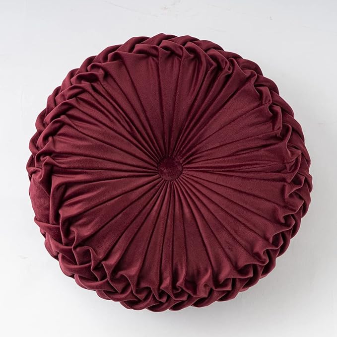 vctops Christmas Red Velvet Seat Cushions Round Floor Pillows Thicken Chair Cushions Pleated Chair Pads Seat Pad Throw Pillows for Bedroom Living Room (Wine Red,Diameter 15")