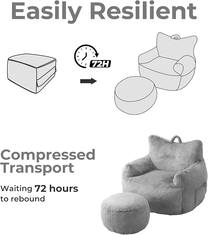 Giant Bean Bag Chair for Adults with Ottoman, Oversized Bean Bag with Filling Plush Fluffy,BeanBag Lazy Sofa Couch with Armrest for Living Room, Stuffed Floor Sofa with Sidepocket for Bedroom, Grey