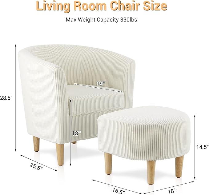 DAZONE Accent Chairs Set of 2 - Mid Century Modern Comfy Armchair with Ottoman, Corduroy Upholstered Living Room & Reading Room Chair in Ivory