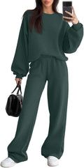 Sweetyweee Women's 2 Piece Outfits Set Fleece Lined Lounge Sweatsuit Crewneck Pullover Top Wide Leg Pants Casual Tracksuit