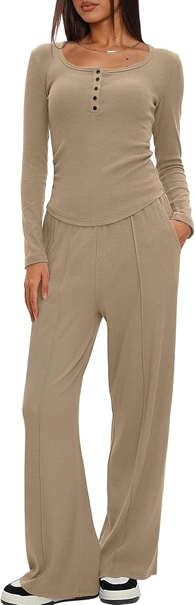 Darong Womens 2 Piece Matching Lounge Sets 2026 Long Sleeve Henley Shirts Wide Leg Pants Airport Travel Outfits