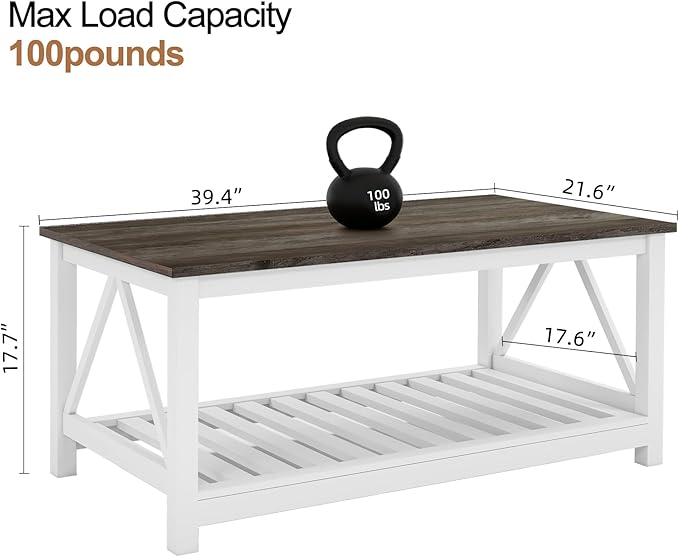 UYIHOME Farmhouse Coffee Table, White OakCoffee Table for Living Room, 2-Tier Rectangular Wooden Centre Cocktail Table with Slats Shelf Storage and V-Shaped Frame Modern Coffee Table Dark Oak