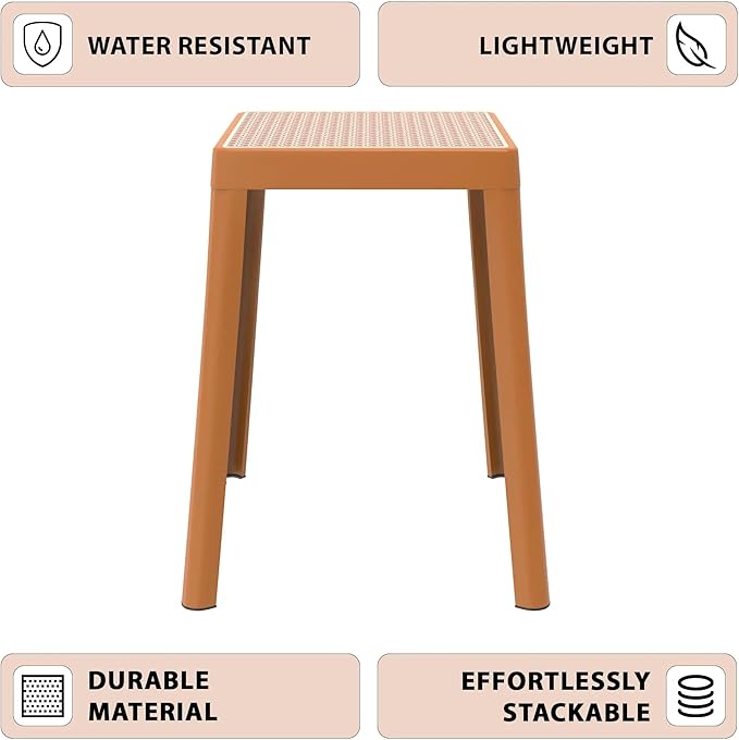 LeisureMod Tresse Mid-Century Modern Square Plastic Dining Stool Set of 2, Stackable Accent Stools with Breathable Seat, Lightweight Seating for Kitchen, Dining Room, Bedroom, or Entryway (Yellow)
