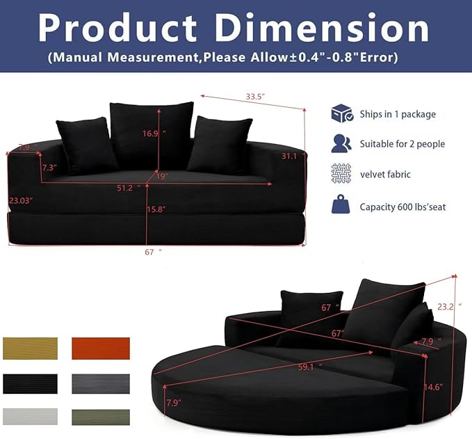 67" Round Convertible Folding Sofa Bed, Boneless Couch Loveseat, Floor Sleeper Chaise Lounge for Living Room, Apartment, Dorm, Small Spaces, Black