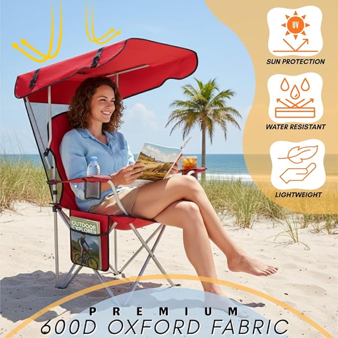 CozyBox Portable Folding Camping Chairs with Canopy Shade, Beach Chair for Adults, Durable Weather Resistant 600D Oxford Cloth, Camping Chair with Canopy for Outdoors [Red-2 Pack]