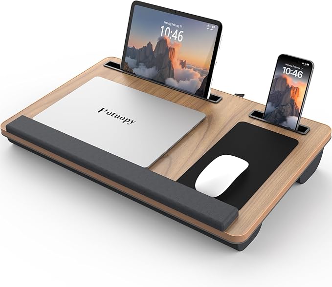 Lap Desk - Up to 17” Laptop Tray with Wrist Rest, Portable Handle, Fixed Mouse Pad, Tablet & Phone Slots, Laptop Stand for Bed with Cushion (Dark Brown Woodgrain)