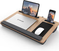 Lap Desk - Up to 17” Laptop Tray with Wrist Rest, Portable Handle, Fixed Mouse Pad, Tablet & Phone Slots, Laptop Stand for Bed with Cushion (Dark Brown Woodgrain)