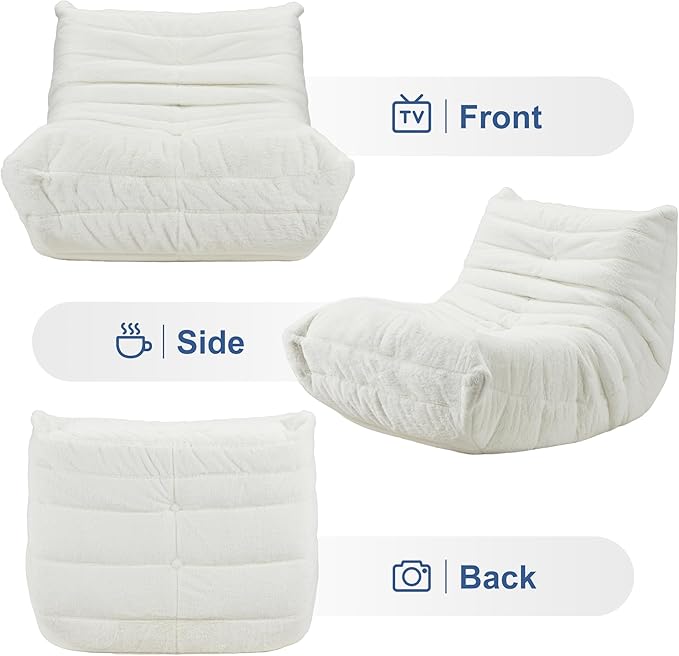 Bean Bag Chairs for Adults Giant Bean Bag Chair Memory Foam BeanBag Chair Bean Bag Sofa with Filler Faux Fur Fireside Beanbags Lazy Sofa for Living Room Bedroom Office (White Plush, Single)