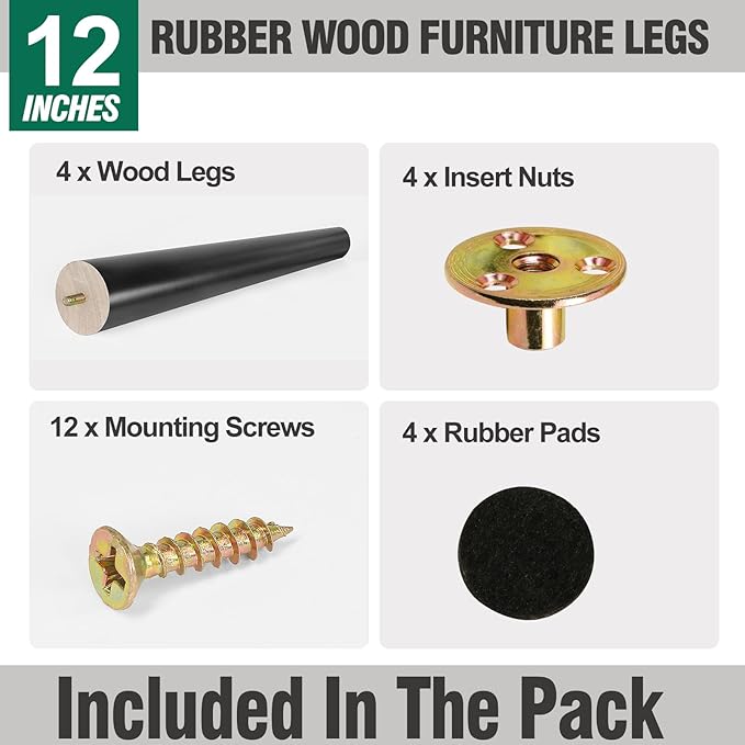 FoDau770 Black Rubber Wood Furniture Legs 12 Inches, Slant Tapered Wood Feet Mid Century Sofa Legs Set of 4, 5/16" UNC Furniture Feet Replacement Parts for Cabinet Couch Dresser Chair Ottoman Table