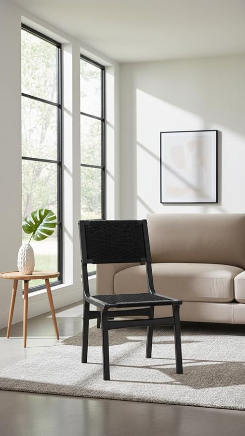 Modern Woven Dining Chair, Black Wood Frame, Armless Accent Chair with Comfortable Seat & Back, No Assembly Required, for Dining Room, Kitchen, Breakfast Nook, 20 x 18 x 35 Inches