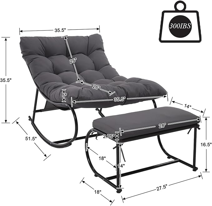 DAYAOUTDOOR 2 Piece Outdoor Rocking Chairs with Ottoman, Patio Oversized Rocking Egg Chair with Cushion, Papasan Chair Set of 2 for Outside, Outdoor Padded Chairs, Grey