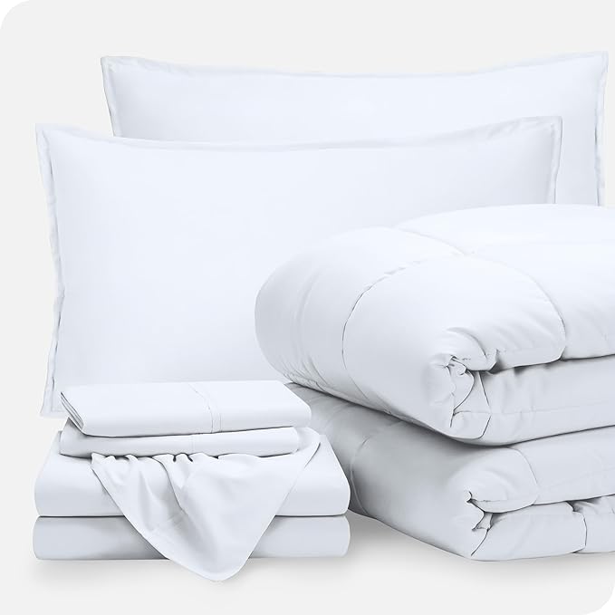 Bare Home Bed-in-A-Bag 7 Piece Comforter & Sheet Set - California King - Goose Down Alternative - Ultra-Soft 1800 Premium Bed Set (Cal King, White/White)