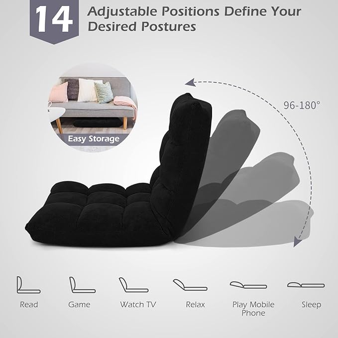 COSTWAY Adjustable Gaming Chair, Video Gaming Chairs with Back Support, Alloy Steel Frame, Soft Coral Fleece, Lazy Sofa Lounge for Reading Living Room Recliner for Adults Kids, Black