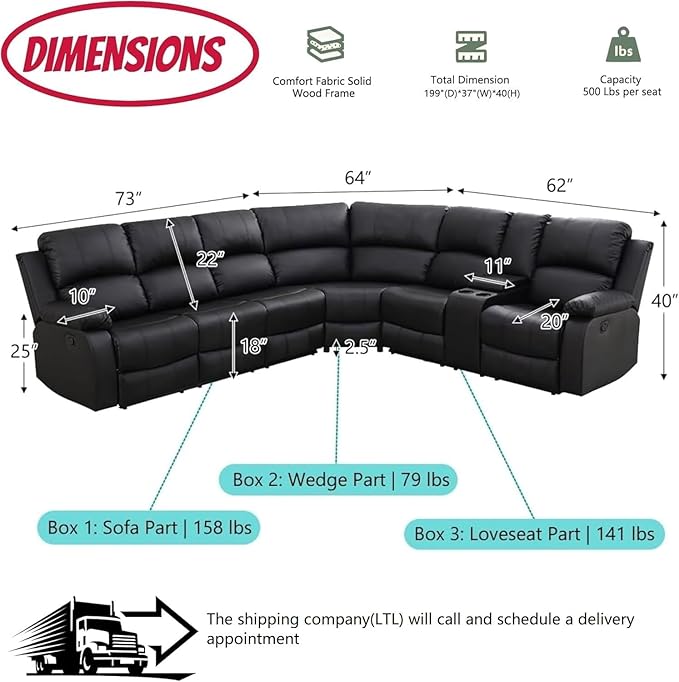 Manual Reclining Sofa Set with Drop-Down Table, Corduroy Sofa Sets, Living Room Furniture Sets, Modern Manual Recliner Sofa Sets with Storage Console for Living Room (Black, Sectional)
