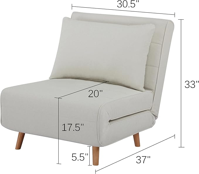 CITTANEO 31" Convertible Sleeper Chair, 3-in-1 Foldable Chair Bed with Pillow, 3-Position Adjustable Backrest, Single Sofa Bed for Apartment, Office, Beige