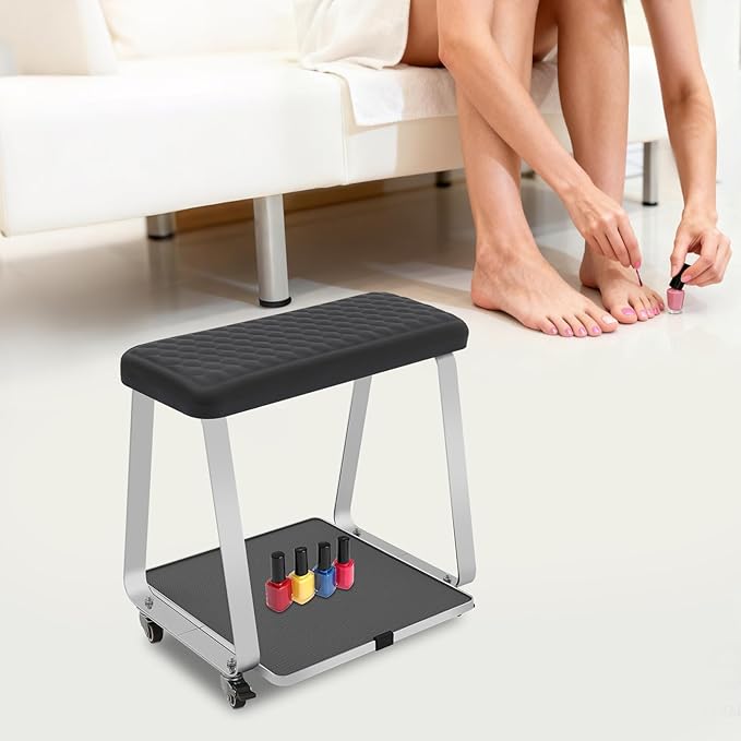 Pedicure Foot Rest, Portable Nail Salon Footrest with Organizer Tray, 110LBS Load Capacity, Lockable Casters for Beauty Nail Salon, Spa, Home, Clinic (Black)