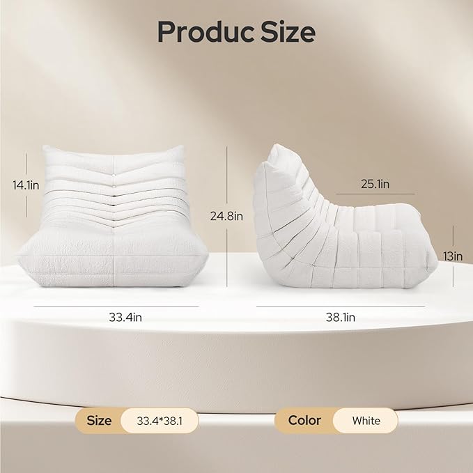 High-end Togo Bean Bag Chair, Fireside Chair with Pure White Jacquard Fabric Cover, Comfy & Soft Lazy Floor Lounge Sofa for Bedroom, Living Room, Office or Salon