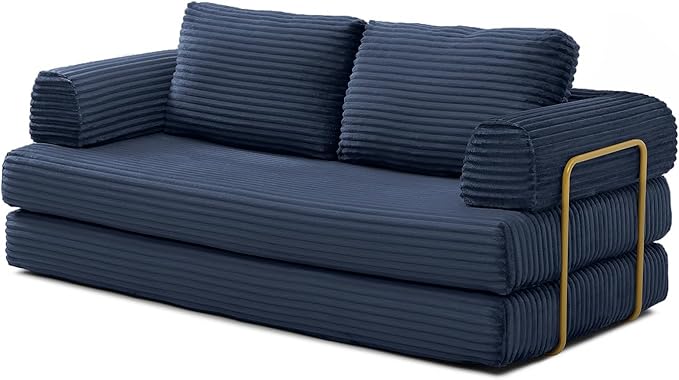 HANXIN 80 Inch Convertible Sleeper Sofa Bed, High Back Plush Corduroy Folding Floor Mattress Couch with Fixed-Shape Frame, Boneless Futon Loveseat with Pull Out Bed, No Assembly Required (Blue)