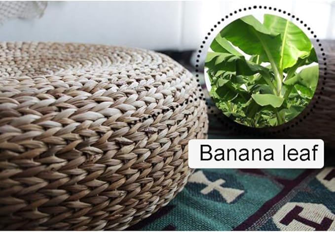 Handwoven Banana Leaf Pouffe Chair - Round Floor Seat with Padded Cushion for Comfort - Eco-Friendly Seating Solution for Home Decor and Relaxation
