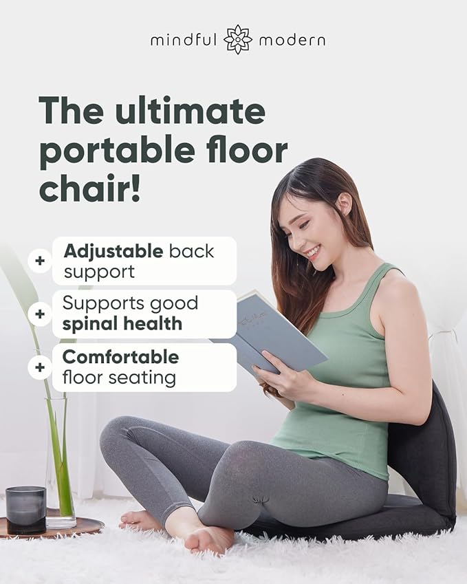 Mindful Modern Meditation Chair | Adjustable Floor Chair with Back Support | Padded Floor Seat for Posture Support and Comfort | Portable Folds Flat for Storage | Indoor/Outdoor Use | Stone Black
