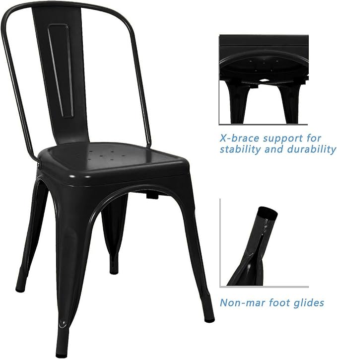 Devoko Metal Indoor-Outdoor Chairs Distressed Style Kitchen Dining Chairs Stackable Side Chairs with Back Set of 4 (Black)