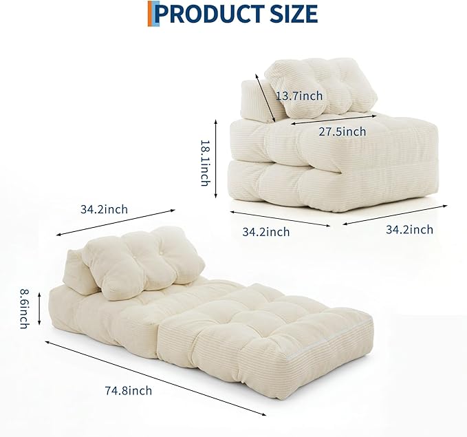 Garvee Folding Sofa Bed, Convertible Sleeper Chair with Pillow Foldable Mattress with Back Support, Boneless Fold Out Chair Bed Comfy Floor Sofa Lounge for Living Room, Bedroom, Beige, Single