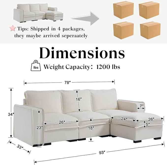 HEAY-YO 93 Inches Modern Modular Sectional Sofa,L Shape 3-Seater Comfy Couch with Moveable Ottoman,Floor Sofa for Living Room Bedroom Apartment,Linen White
