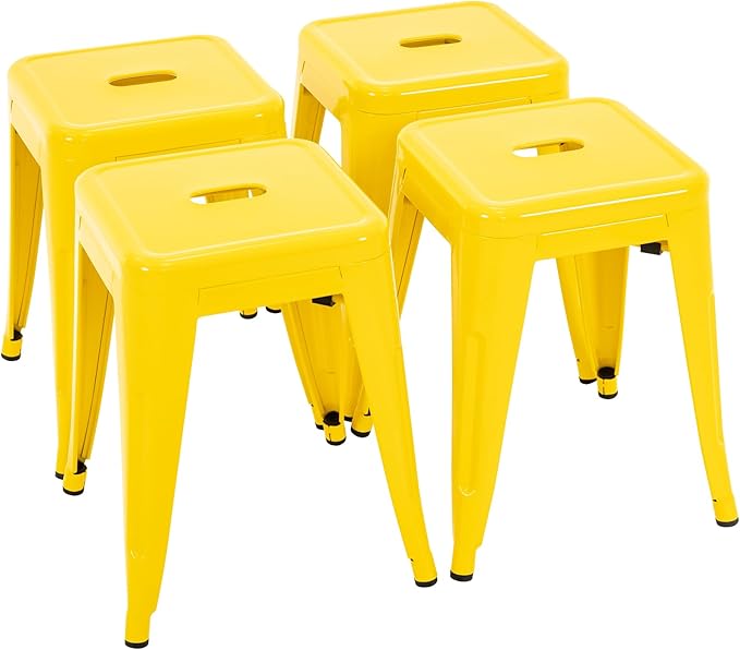 Brage Living 18 Inch Industrial Metal Stools Set of 4, Stackable Classroom Stools, Backless Metal Dining Chairs for Indoor Outdoor, Kitchen Short (Yellow)