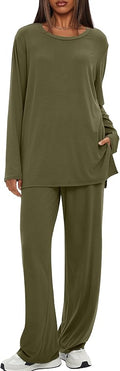 Darong Women's 2 Piece Lounge Set Casual Long Sleeve Crew Neck Tops Wide Leg Pants Travel Airport Outfit Matching Sets