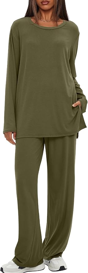 Darong Women's 2 Piece Lounge Set Casual Long Sleeve Crew Neck Tops Wide Leg Pants Travel Airport Outfit Matching Sets