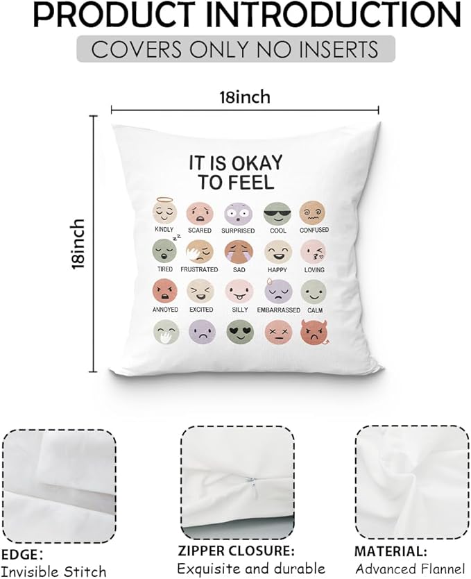 uinwk Mental Health Pillow Covers 18x18,Calming Corner Classroom,School Counselor Office Must Haves,Mental Health Pillows for Office,It is Okay to Feel Throw Pillow Covers