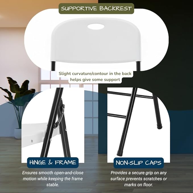 EZONE (2pcs Heavy Duty Plastic Foldable Chair for Adults, Portable Outdoor Seating for Wedding, Event, Party, Backyard, Patio, or Dining Use, Comfortable Stackable Design (White, 2 Pack)