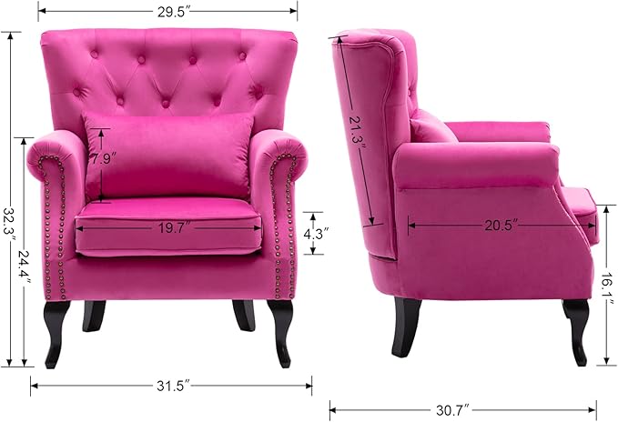 DM Furniture Mid Century Accent Chair Modern Button Tufted Armchair Wingback Club Chair Velvet Single Sofa Lounge Chair with Pillow for Living Room Bedroom, Rose Pink