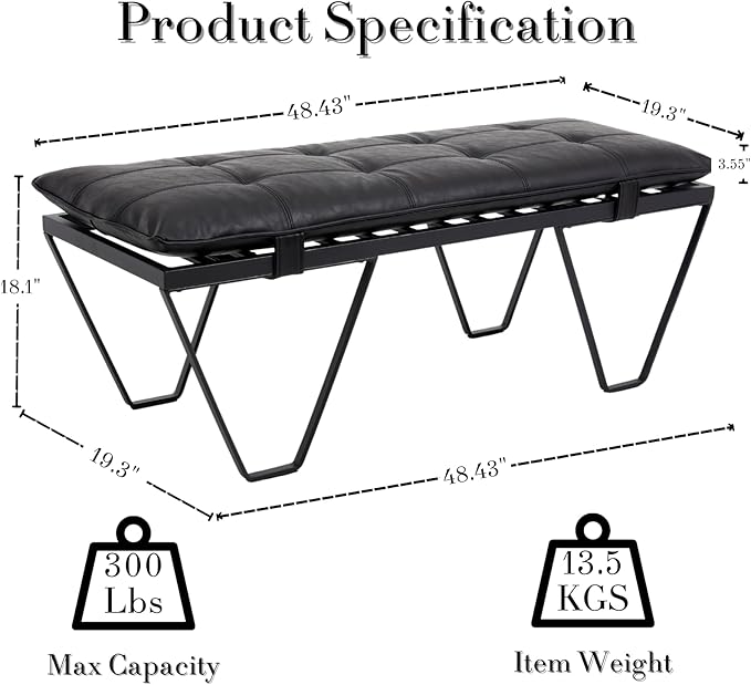 RIVOVA Modern Removable Tufted Upholstered Entryway Bench, 48-Inch Contemporary Indoor Ottoman Bench with Slatted Metal Frame, Black Leather Bench for Bedroom End of Bed, Dining, Hallway, Living Room