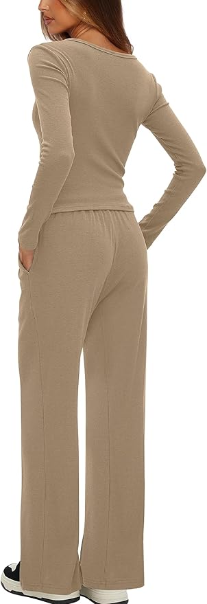 Darong Womens 2 Piece Matching Lounge Sets 2026 Long Sleeve Henley Shirts Wide Leg Pants Airport Travel Outfits