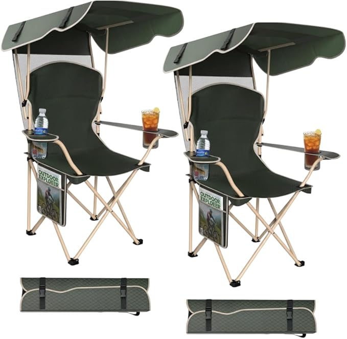 CozyBox Portable Folding Camping Chairs with Canopy Shade, Beach Chair for Adults, Durable Weather Resistant 600D Oxford Cloth, Camping Chair with Canopy for Outdoors [Olive Green-2 Pack]