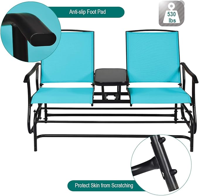 S AFSTAR 2-Person Outdoor Glider, Patio Glider Bench Chairs with Center Tempered Glass Table & Breathable Loveseat, Double Swing Glider Chair for Porch Garden Poolside Balcony Lawn (Turquoise)