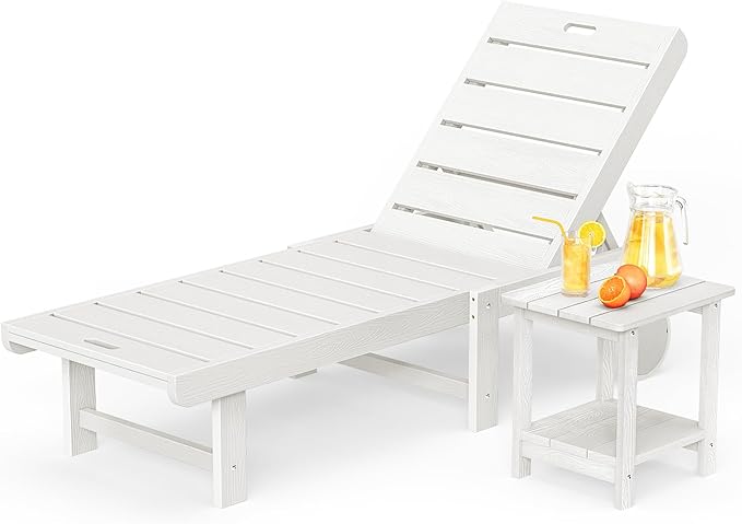 Homenjoy Outdoor Chaise Lounge Chairs with Table, 2-Piece, 26.8” Super Wide Lounge Chair Outdoor, HDPS Pool Chairs with 5 Positions, Patio Lounge Chair with Wheels for Pool,Lawn,Backyard, White