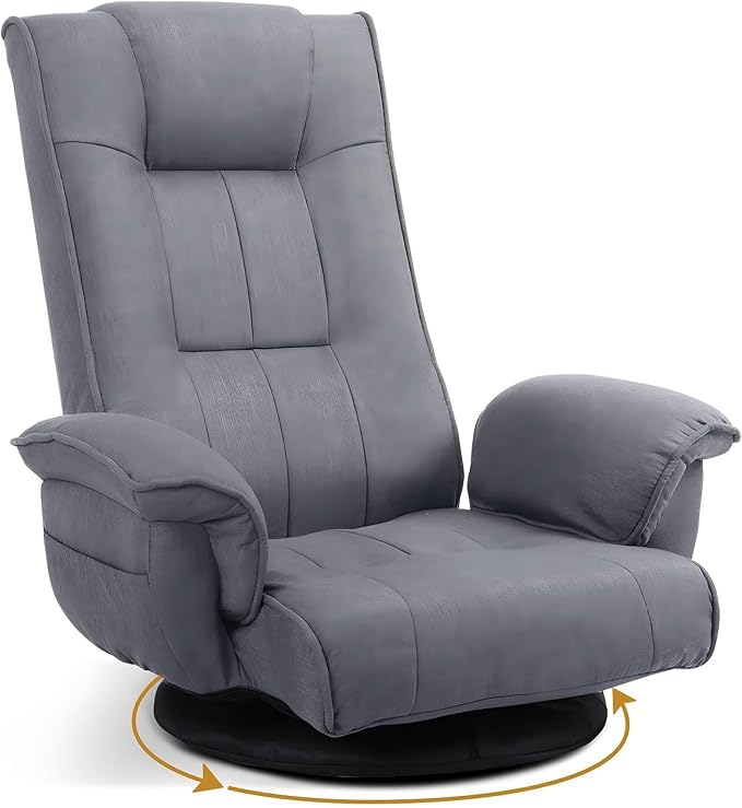 Ergonomic Swivel Floor Gaming Chair with Armrests & Side Pockets, 6-Position Reclining Sofa Bed, Foldable Padded Lounger with Thick Cushion & Lumbar Support for Esports, Reading, TV Watching (Grey)