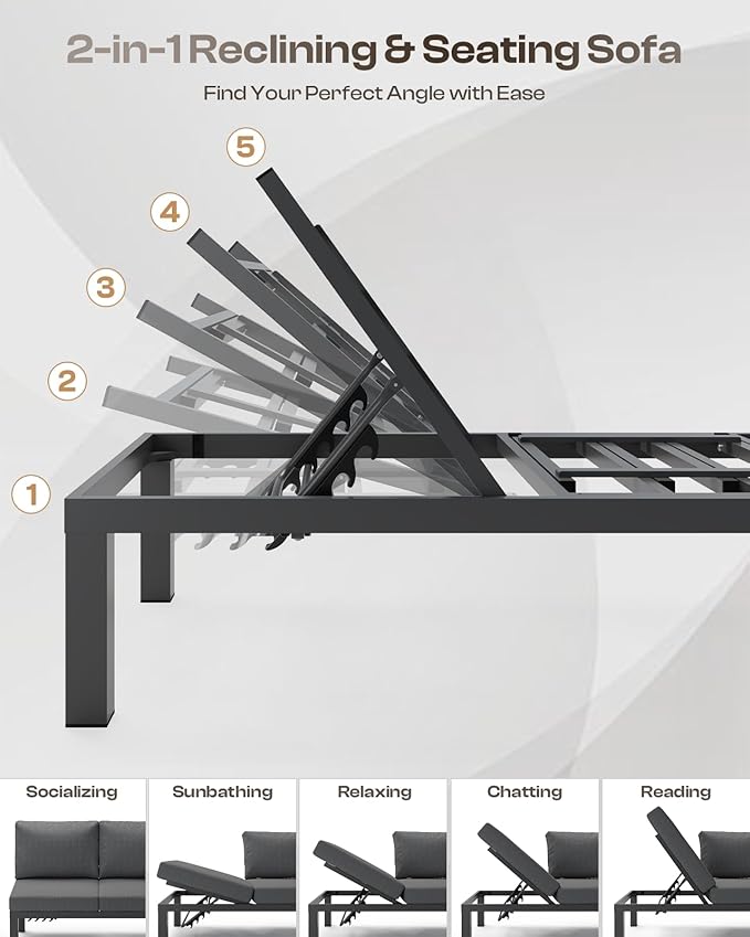 Oasbira Aluminum Modular Outdoor Patio Furniture Set, 8 Seats Sectional Sofa Set with Adjustable Backrest & Thick Cushions, All-Weather L-Shaped Corner Set with Table for Garden & Yard, Graphite