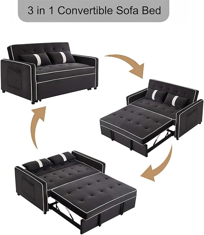 3 in 1 Convertible Loveseat Sleeper Sofa, Modern Futon Couch with Adjustable Backrest, Pull Out Sofa Bed Upholstered for Living Room Bedroom Apartment Small Space (Black)