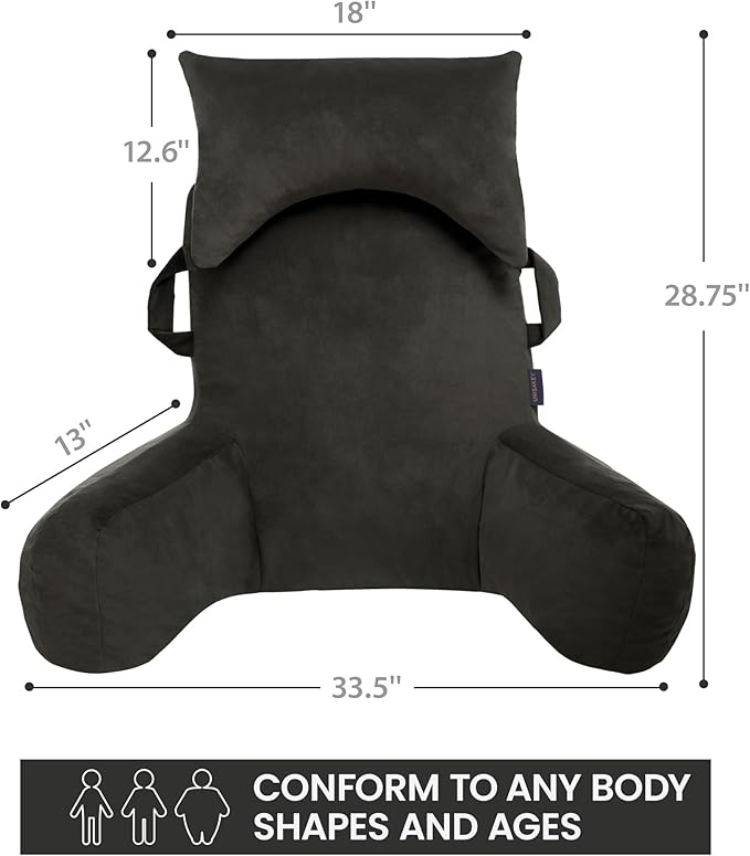 Unisakey Portable Reading Pillows with Headrest for Bed Sitting Up(Grey Oeko-Tex), Velvet Back Pillow with Arms & Pockets for Adults, Support Memory Foam Bed Pillow for Dorm/Reading/Watching/Gaming