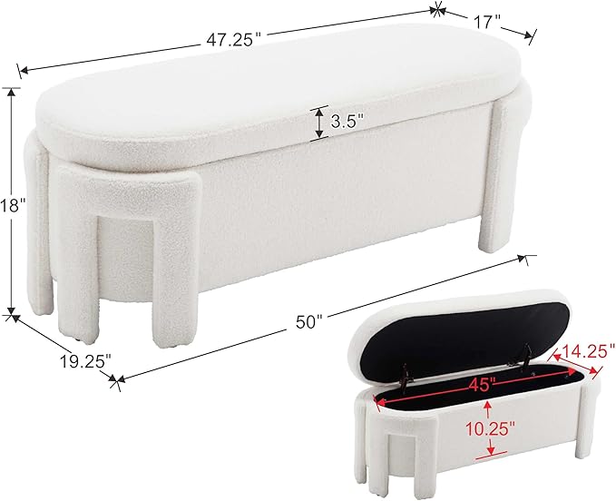 DM Furniture Modern Sherpa Storage Ottoman Bench for Bedroom 47.25 in Comfy Boucle Upholstered Entryway Bench with Storage for End of Bed/Living Room/Lounge/Window Corner, White