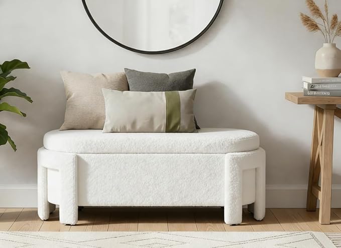 DM Furniture Modern Sherpa Storage Ottoman Bench for Bedroom 47.25 in Comfy Boucle Upholstered Entryway Bench with Storage for End of Bed/Living Room/Lounge/Window Corner, White