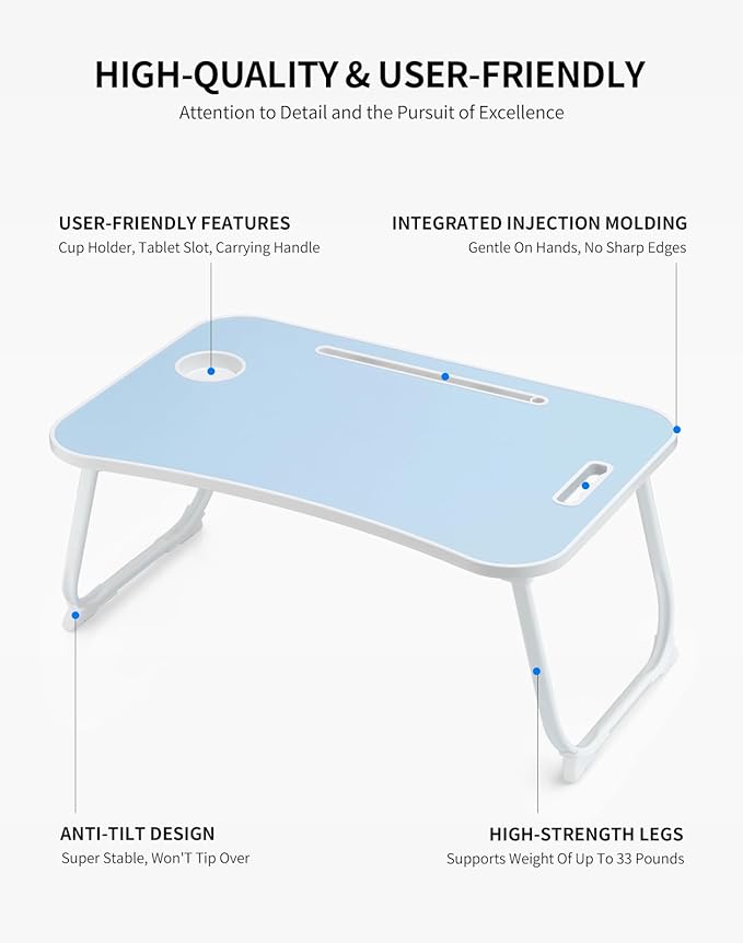 ZEAPTAC Laptop Bed Desk, Foldable Lap Desk, Portable Lap Table, Laptop Stand with Cup Holder & Tablet Slot & Lifting Handle for Working Writing Drawing & Eating - Blue