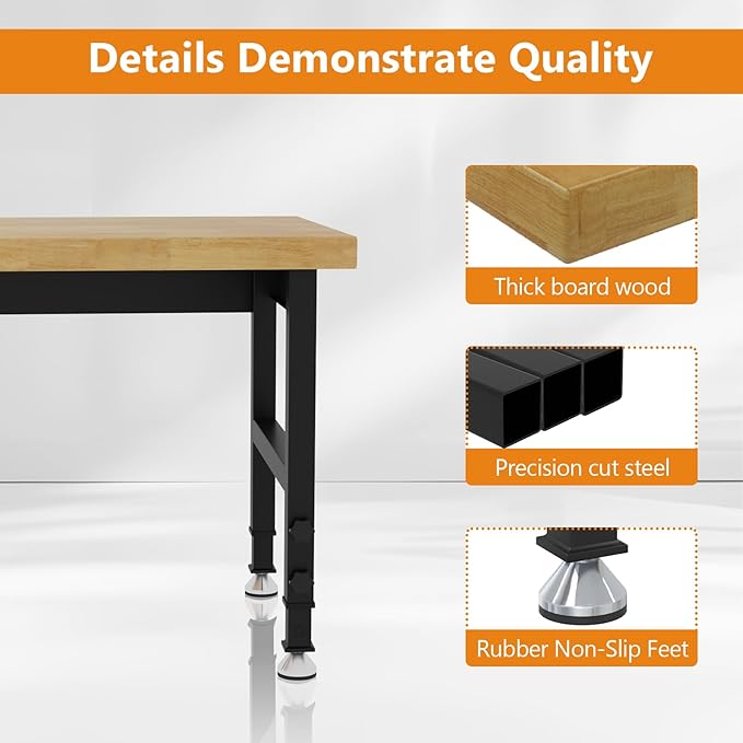48" Heavy Duty Work Bench, Adjustable Height Workbench, 2000 LBS Load Capacity Work Table for Garage, Workshop, Office, Home