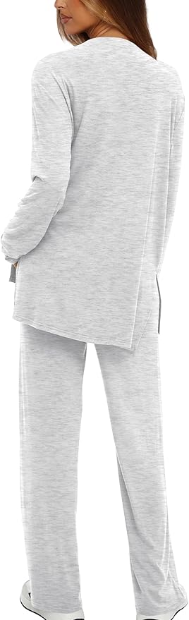 Darong Women's 2 Piece Lounge Set Casual Long Sleeve Crew Neck Tops Wide Leg Pants Travel Airport Outfit Matching Sets